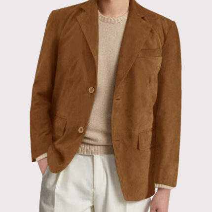 Men's Camel Brown Suede Leather Blazer Coat