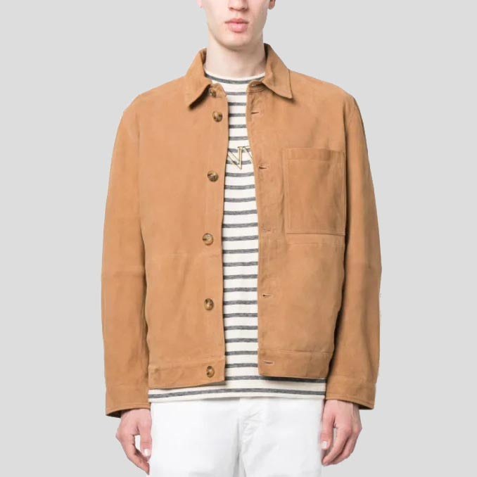 mens-caramel-brown-suede-leather-shirt-2 Men's Caramel Brown Suede Leather Shirt - Image 1