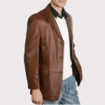 Classic Brown Leather Blazer with Three Buttons for Men - Image 2