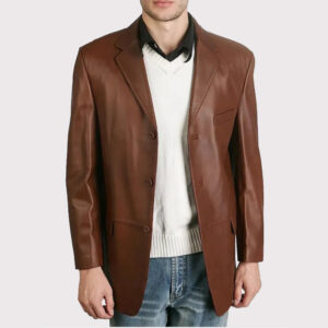 Classic Brown Leather Blazer with Three Buttons for Men