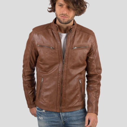 Men's Cognac Genuine Sheep Leather Biker Jacket