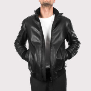 Men's Comfortable Fit Black Lambskin Leather Bomber Jacket