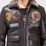Men's Dark Brown Sheepskin Military Jacket Aviator Coat - Image 3