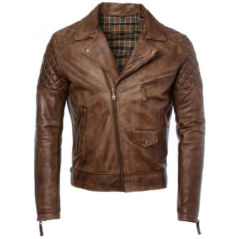mens-distressed-brown-leather-cafe-racer-jacket Men's Distressed Brown Genuine Leather Cafe Racer Biker Jacket - Image 1