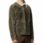 Men's Distressed Green Leather Trucker Jacket - Image 2