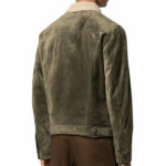 Men's Distressed Green Leather Trucker Jacket - Image 3