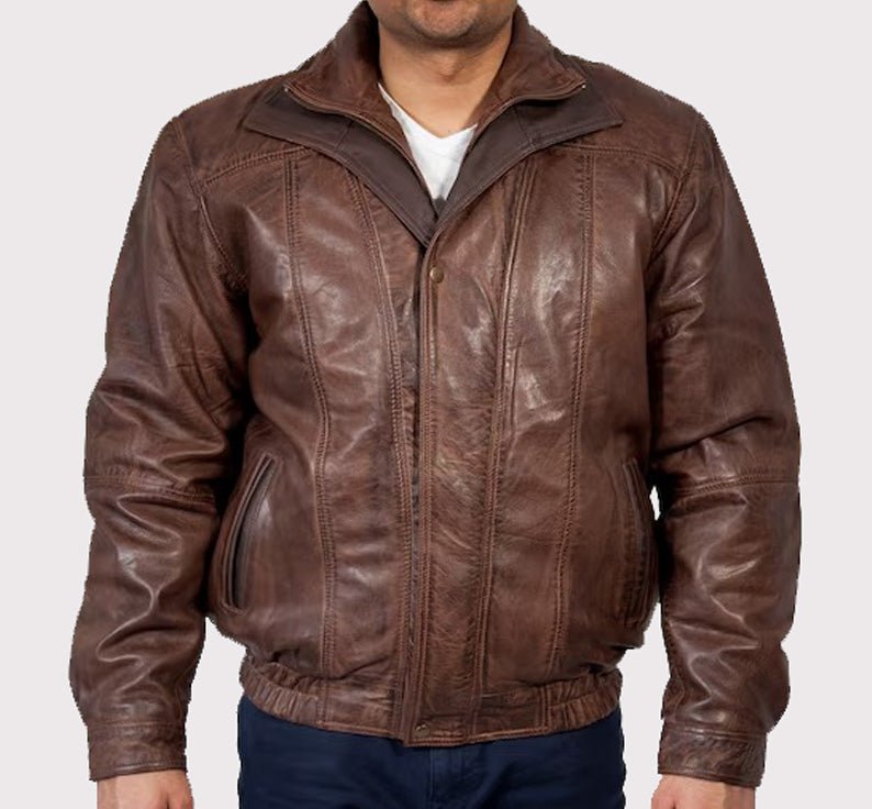 mens-double-collar-leather-bomber-jacket-winter-coat Men's Double Collar Leather Bomber Jacket - Image 1