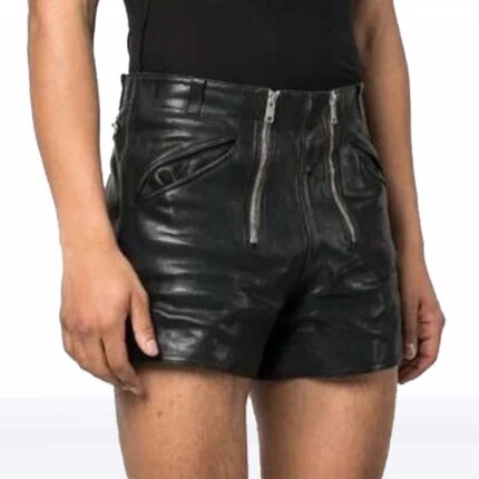 Men’s Double Zipper Black Leather Shorts