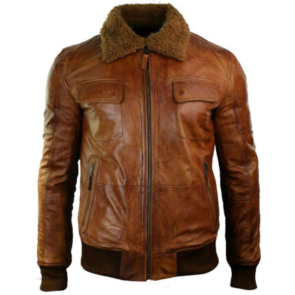 Men's Fashion Brown Fur Collar Winter Leather Jacket
