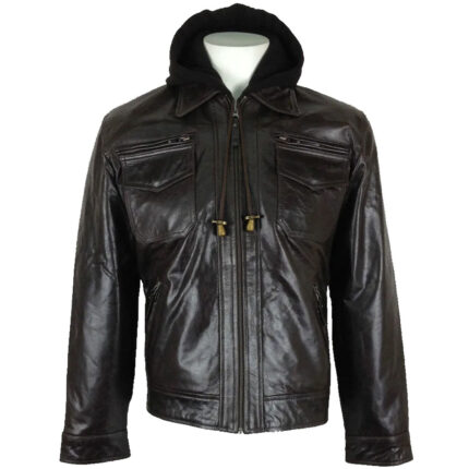 Men's Fashion Brown Hooded Real Leather Jacket
