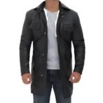 Mens Four Pocket Black Leather Trench Coat