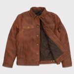 Classic Men's Goatskin Trucker Leather Jacket in Plain Brown - Image 2