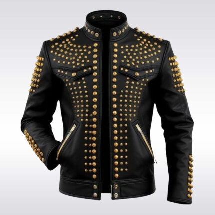 Men's Gold Studded Black Leather Rockstar Biker Jacket