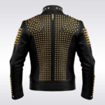 Men's Gold Studded Black Leather Rockstar Biker Jacket - Image 2