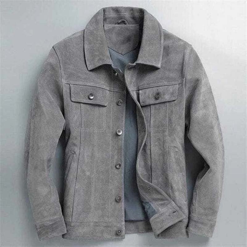 mens-gray-suede-leather-trucker-jacket Men's Gray Suede Leather Trucker Jacket - Image 1