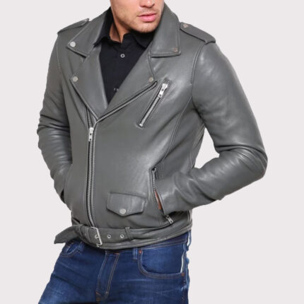 Men's Grey Tailored Motorcycle Biker Leather Jacket