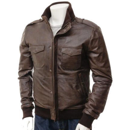 Men's Handmade Brown Leather Biker Bomber Jacket