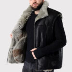 Men's Handmade Sleeveless Sheepskin Vest in Black - Image 3