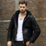 Men's Hooded Black B3 Shearling Winter Jacket - Image 3