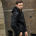 Men's Hooded Black B3 Shearling Winter Jacket - Image 4