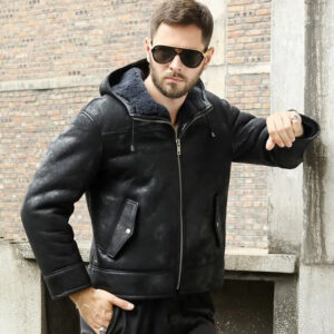 Men's Hooded Black B3 Shearling Winter Jacket