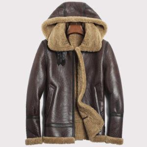 Men's Hooded Brown Shearling Aviator Jacket - B-3 Sheepskin Coat
