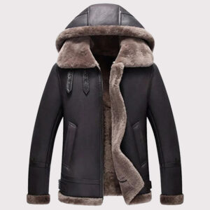 Men's Hooded Shearling Flight Jacket - Warm Sheepskin Aviator Coat