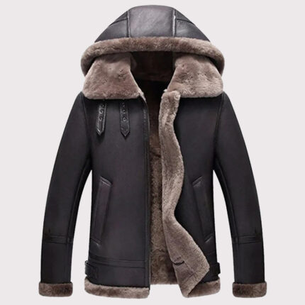 Men's Hooded Shearling Flight Jacket - Warm Sheepskin Aviator Coat