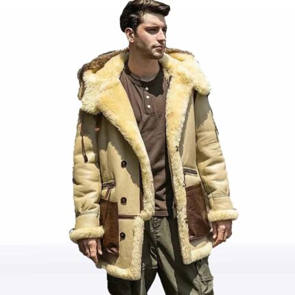 Men’s Ivory Yellow Hooded Shearling Leather Jacket
