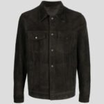 Men's Khaki Sheepskin Suede Leather Shirt Jacket - Image 4