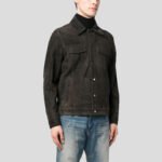 Men's Khaki Sheepskin Suede Leather Shirt Jacket - Image 3