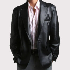 Men's Soft Lambskin Leather Blazer Coat - One Button Closure