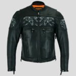 Men's Leather Concealed Carry Motorcycle Racing Jacket with Reflective Skulls