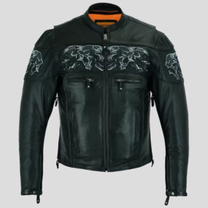 Men's Leather Concealed Carry Motorcycle Racing Jacket with Reflective Skulls