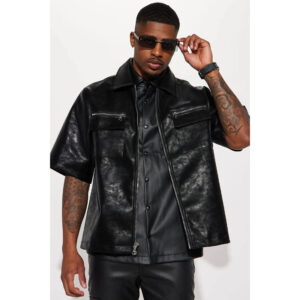 Men's Leather Zip Up Short Sleeve Shirt in Black