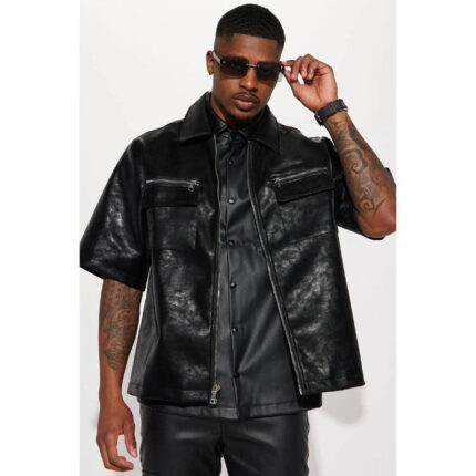 Men's Leather Zip Up Short Sleeve Shirt in Black