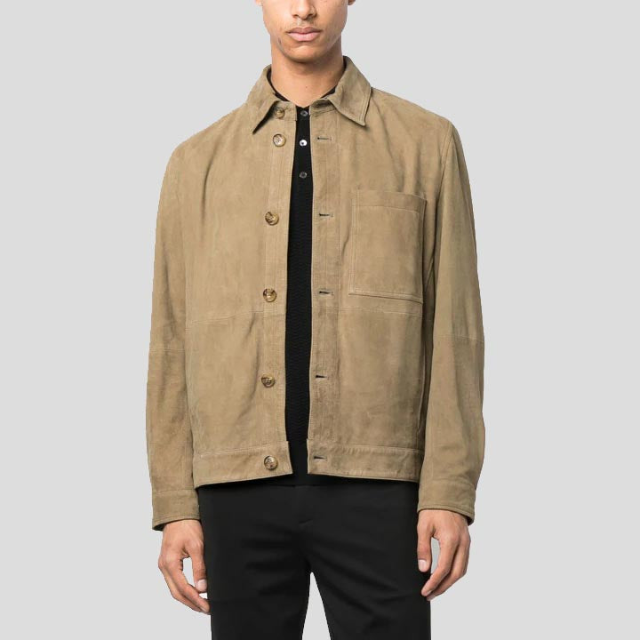 mens-light-olive-green-suede-leather-shirt-2 Men's Light Olive Green Suede Leather Shirt - Image 1
