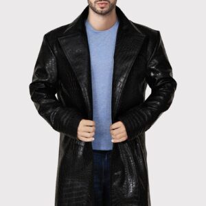 Men?s Long Black Alligator Faux Leather Coat