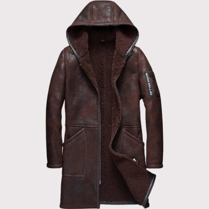 Men's Long Hooded Sheepskin Shearling Fur Coat