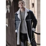 Men's Long Sheepskin Shearling Trench Coat in Black - Image 5