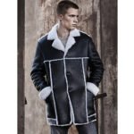 Men's Long Sheepskin Shearling Trench Coat in Black - Image 4