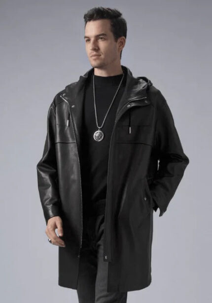 Men's Mid-Length Black Leather Coat with Hood