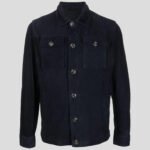 Men's Navy Blue Buttoned Suede Leather Shirt Jacket - Image 4