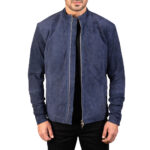 Men's Navy Blue Suede Biker Jacket - Image 3