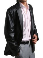 Men's One-Button Closure Soft Lambskin Black Leather Blazer - Image 2