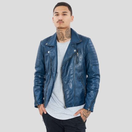 Men's Petrol Blue Genuine Sheep Leather Biker Jacket