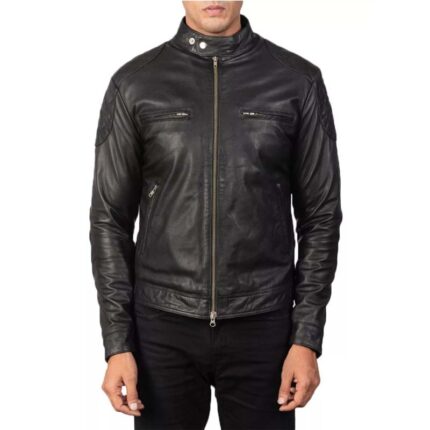 Men's Genuine Quilted Black Leather Cafe Racer Biker Jacket