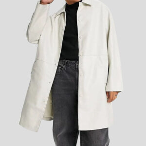 Sophisticated Men's White Cow Leather Trench Coat