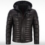 Men's Real Leather Puffer Hooded Jacket - Fully Quilted Black Hoodie