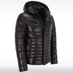 Men's Real Leather Puffer Hooded Jacket - Fully Quilted Black Hoodie - Image 2